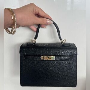 Black Ostrich Designer "Kelly" Style Handbag
